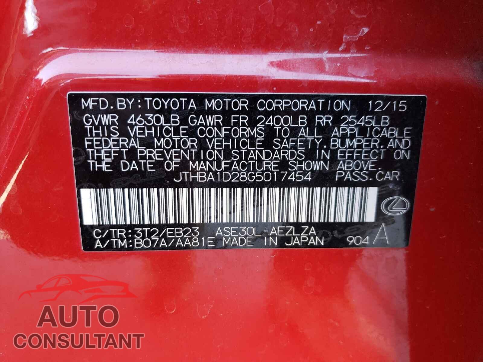 LEXUS IS 2016 - JTHBA1D28G5017454