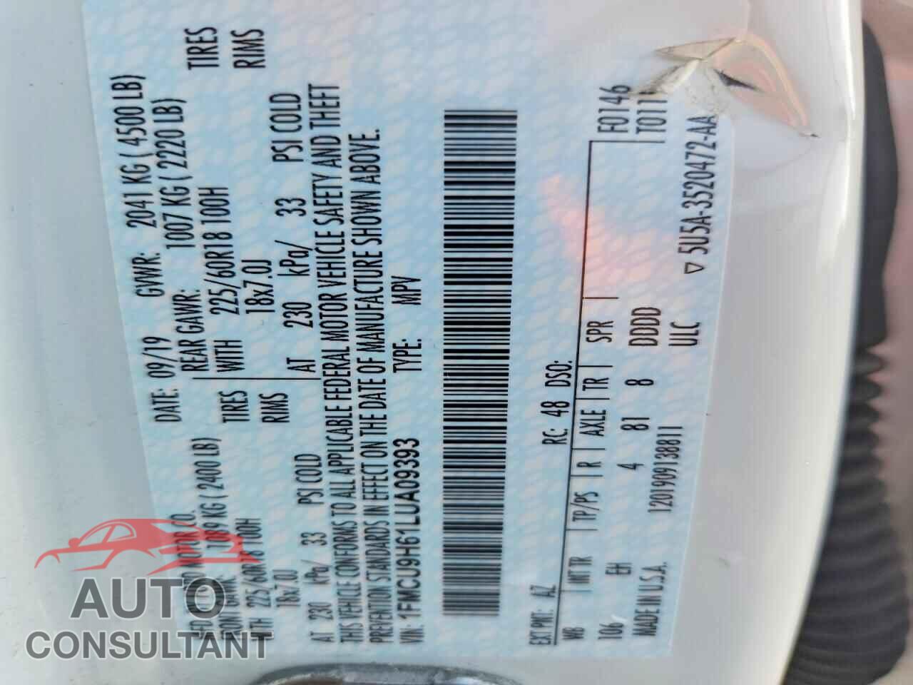 FORD ESCAPE 2020 - 1FMCU9H61LUA09393