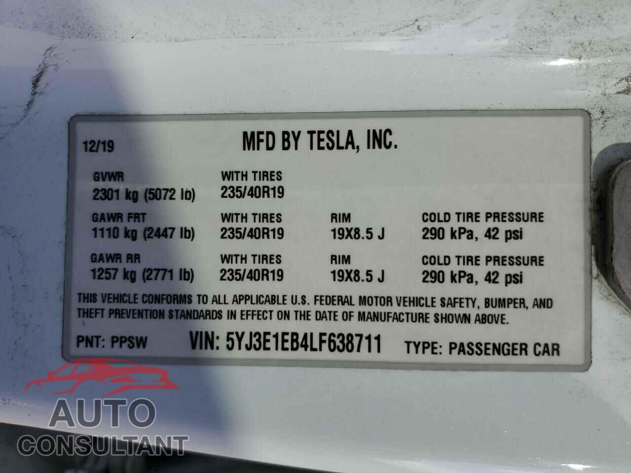 TESLA MODEL 3 2020 - 5YJ3E1EB4LF638711