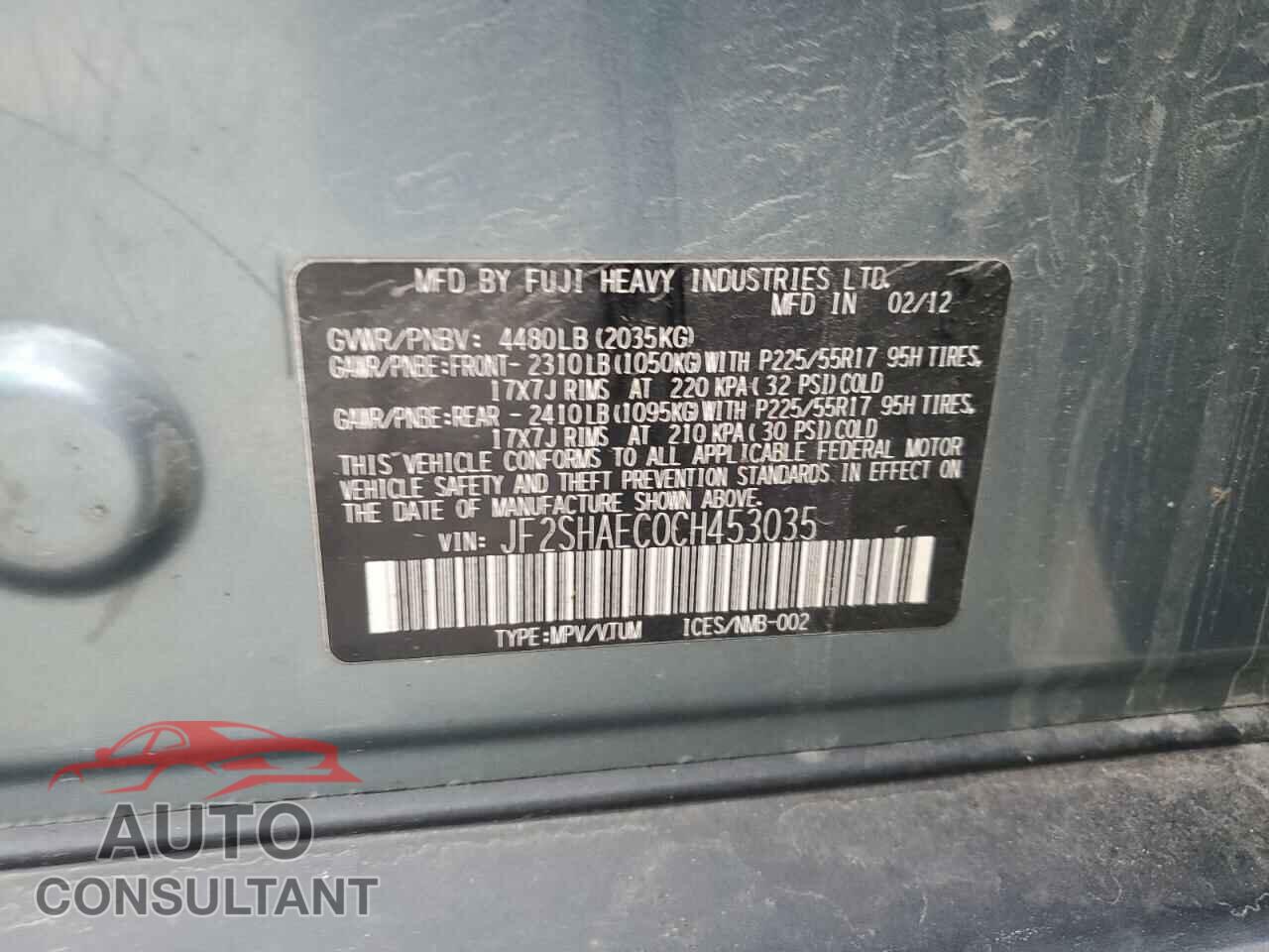 SUBARU FORESTER 2012 - JF2SHAEC0CH453035