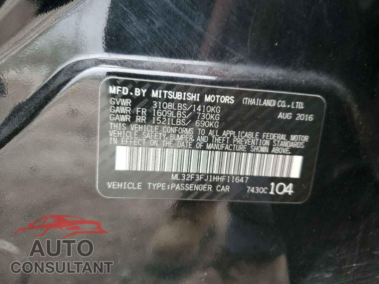 MITSUBISHI MIRAGE 2017 - ML32F3FJ1HHF11647
