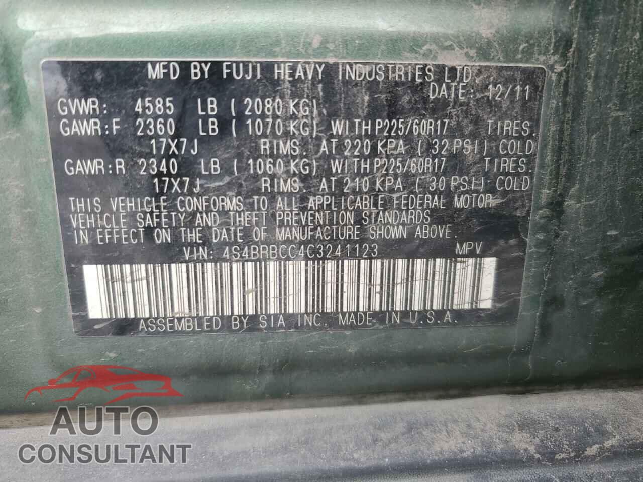 SUBARU OUTBACK 2012 - 4S4BRBCC4C3241123