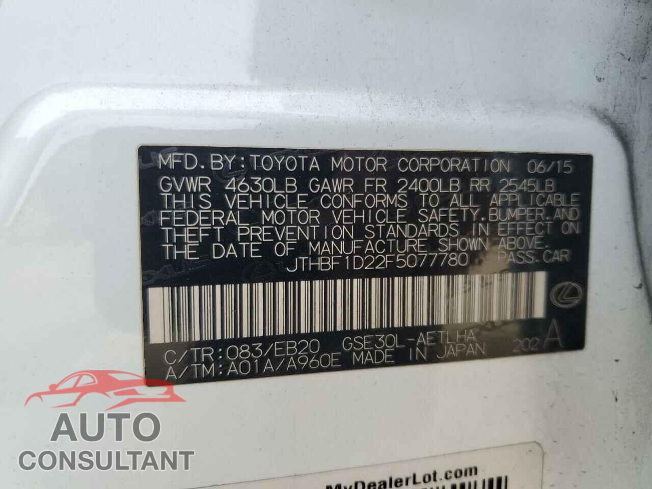 LEXUS IS 2015 - JTHBF1D22F5077780