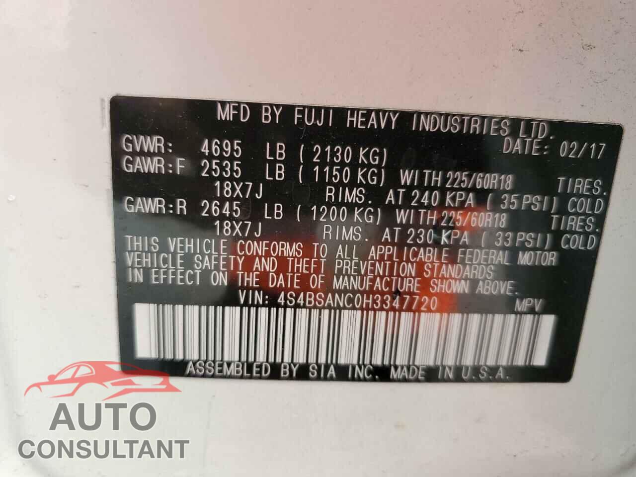 SUBARU OUTBACK 2017 - 4S4BSANC0H3347720