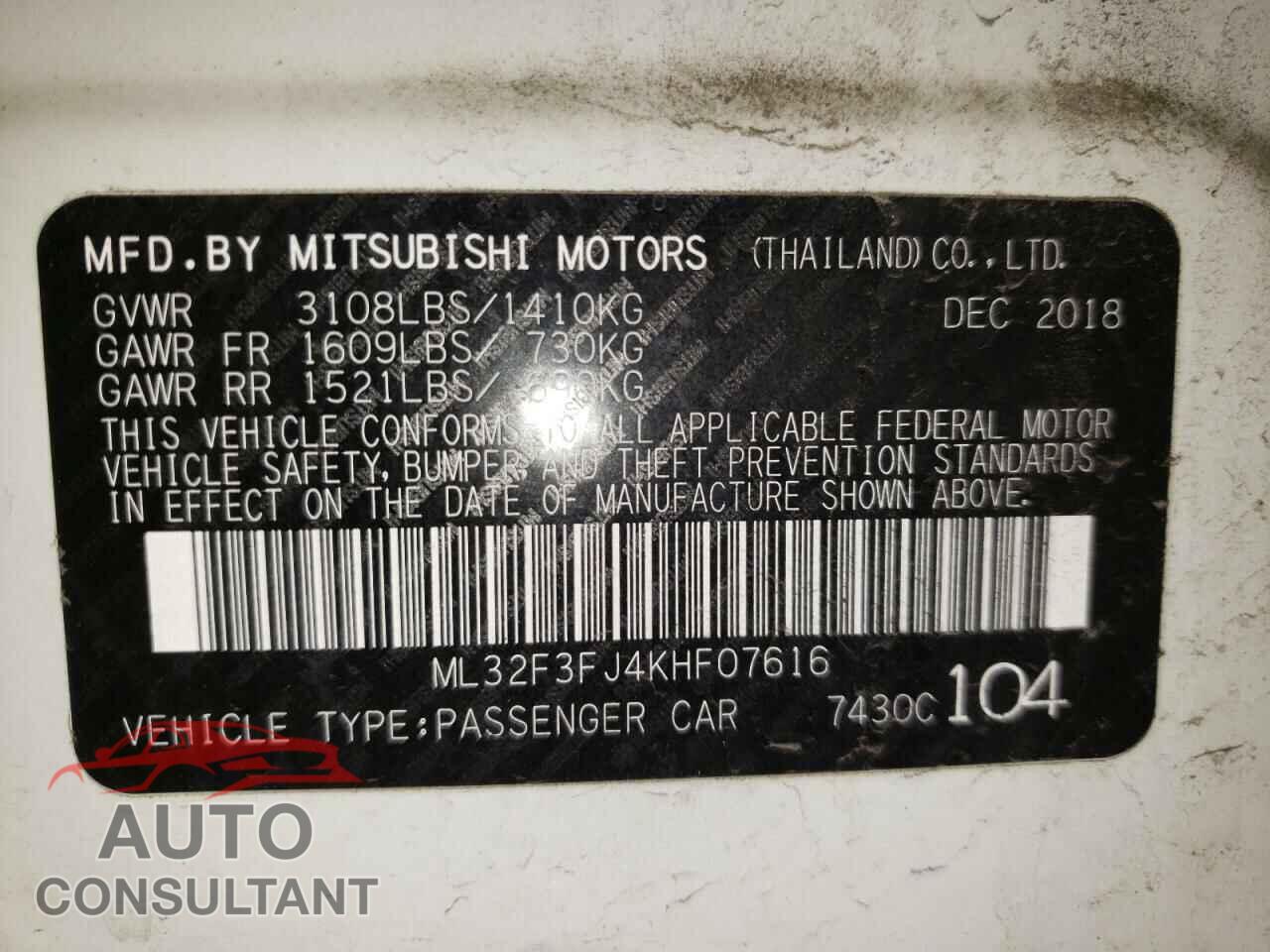 MITSUBISHI MIRAGE 2019 - ML32F3FJ4KHF07616