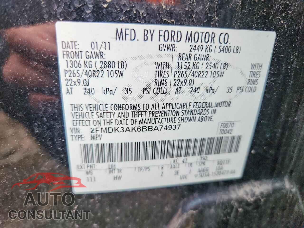 FORD EDGE 2011 - 2FMDK3AK6BBA74937