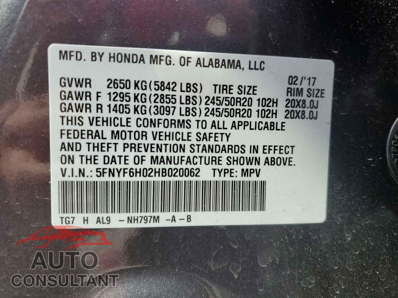 HONDA PILOT 2017 - 5FNYF6H02HB020062