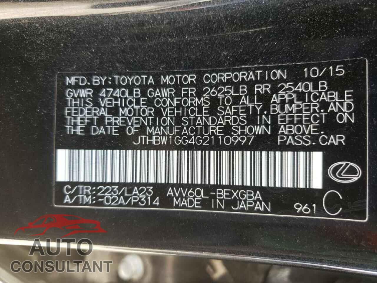 LEXUS ES300 2016 - JTHBW1GG4G2110997
