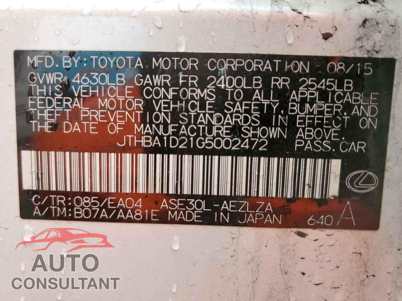 LEXUS IS 2016 - JTHBA1D21G5002472