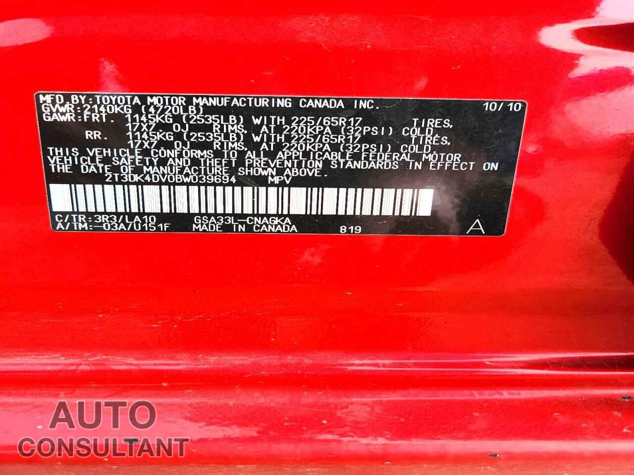 TOYOTA RAV4 2011 - 2T3DK4DV0BW039694