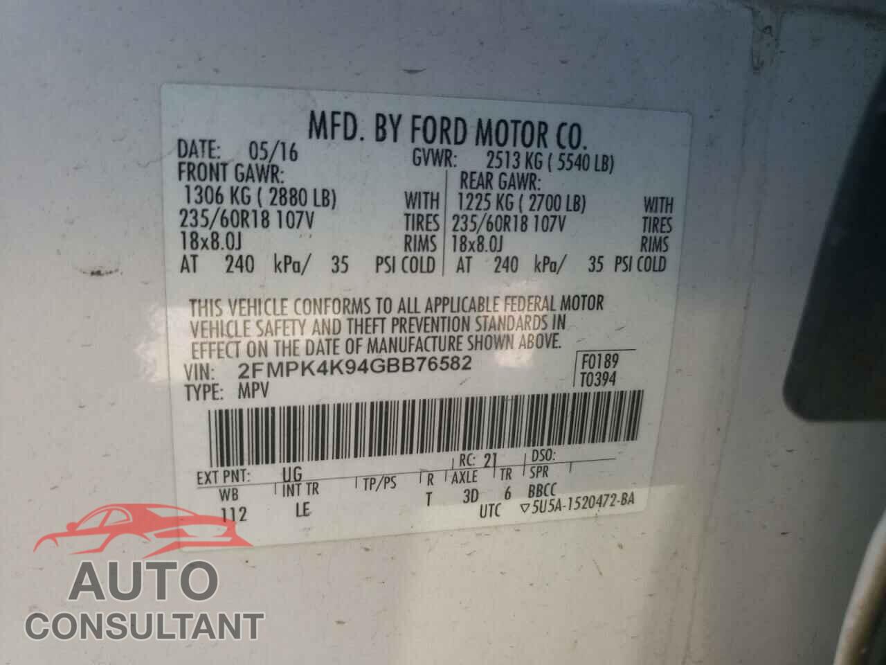 FORD EDGE 2016 - 2FMPK4K94GBB76582