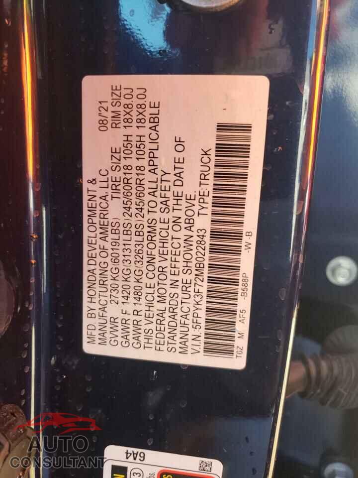 HONDA RIDGELINE 2021 - 5FPYK3F72MB022843