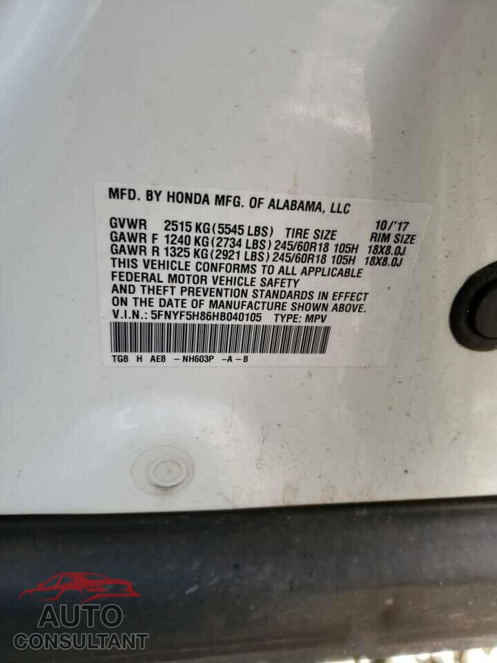 HONDA PILOT 2017 - 5FNYF5H86HB040105