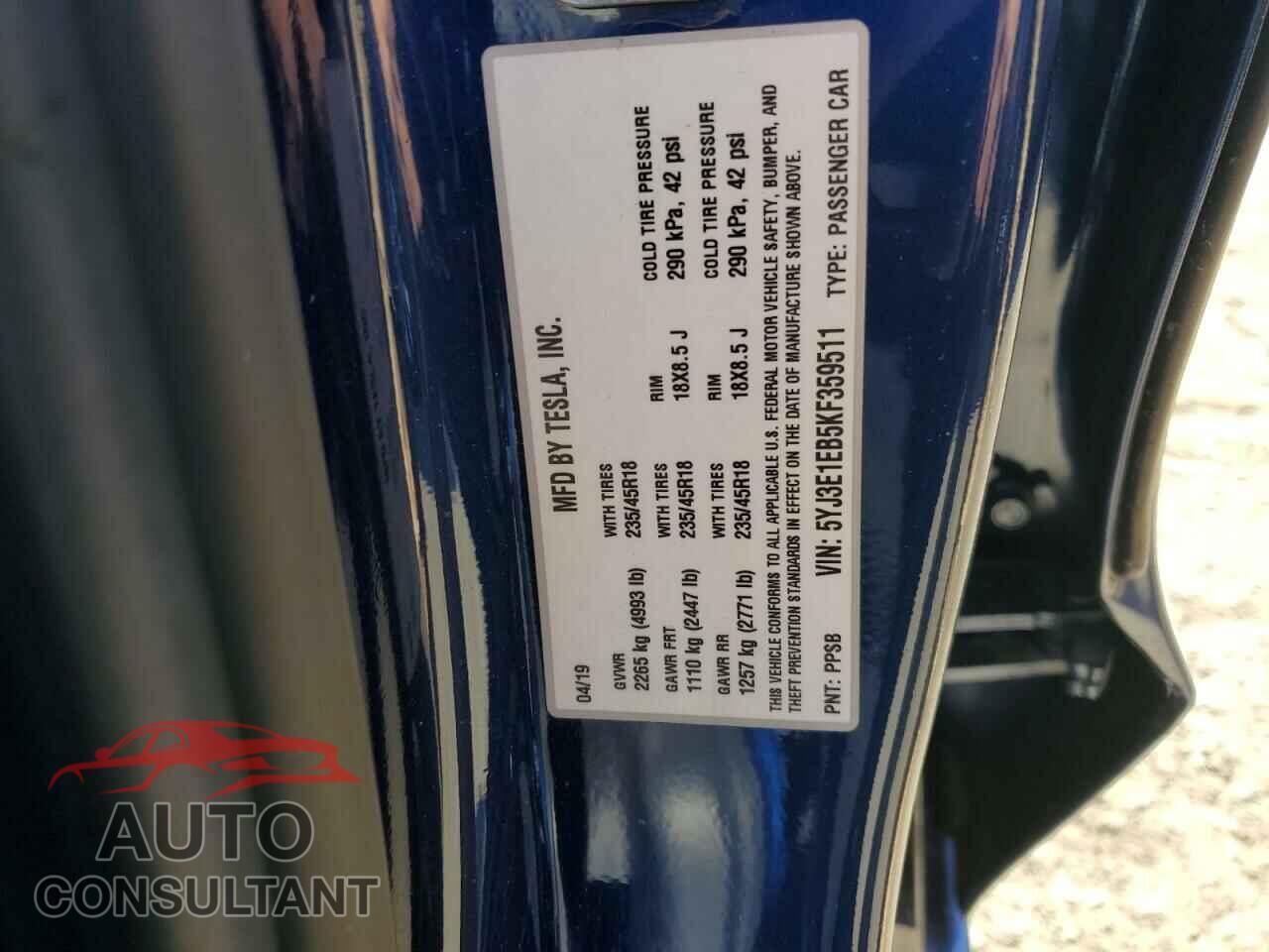 TESLA MODEL 3 2019 - 5YJ3E1EB5KF359511