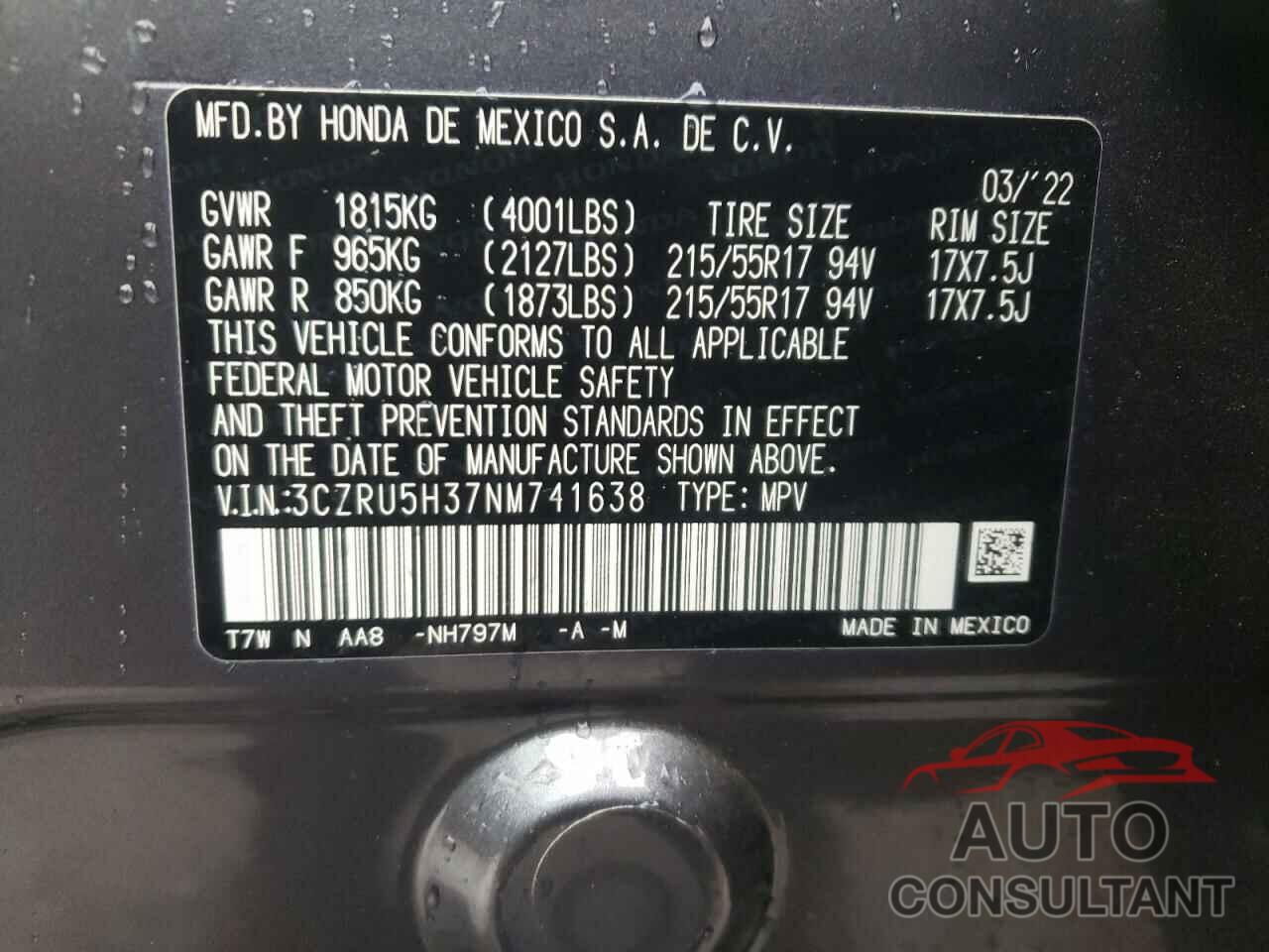 HONDA HR-V 2022 - 3CZRU5H37NM741638