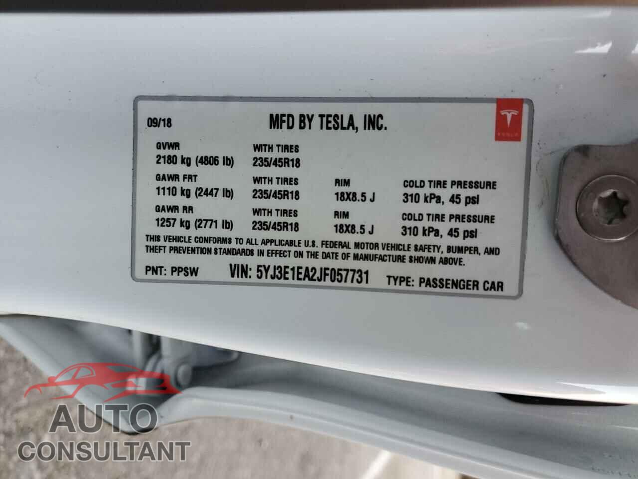 TESLA MODEL 3 2018 - 5YJ3E1EA2JF057731