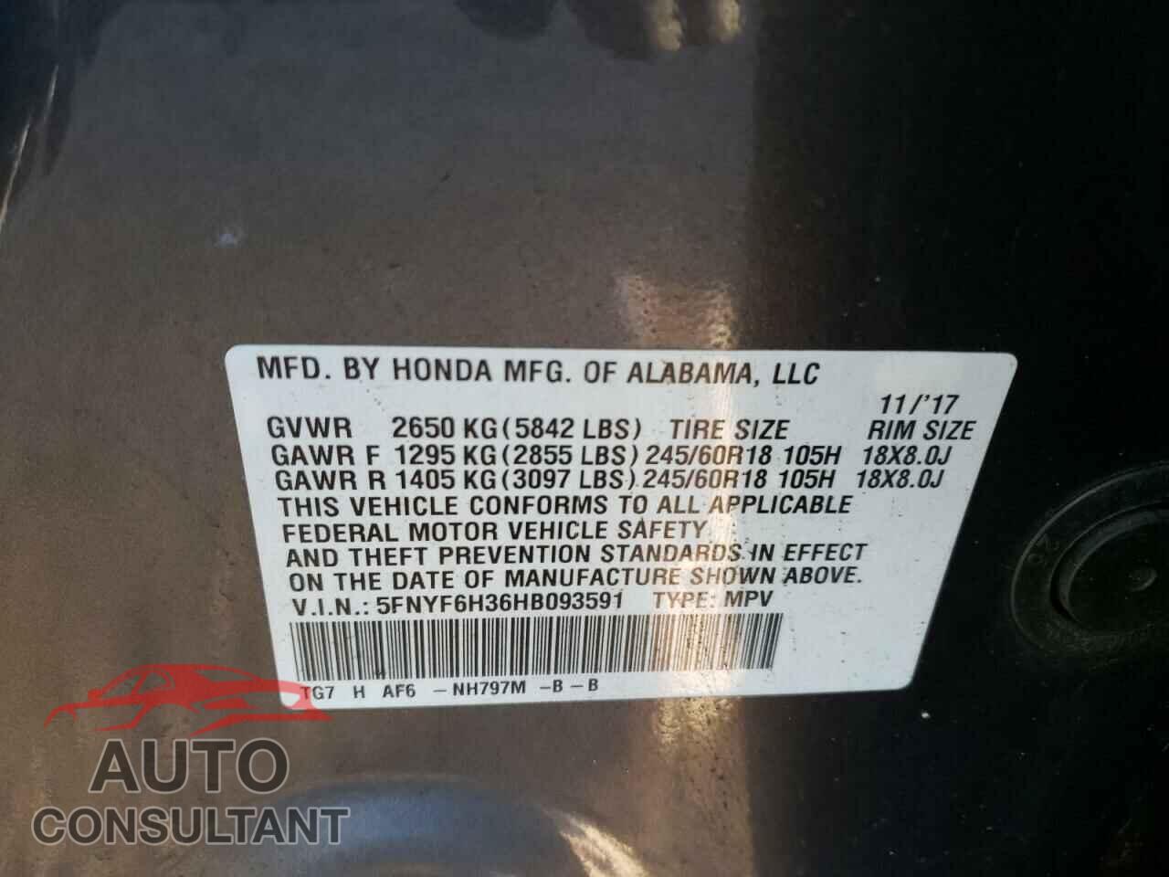 HONDA PILOT 2017 - 5FNYF6H36HB093591