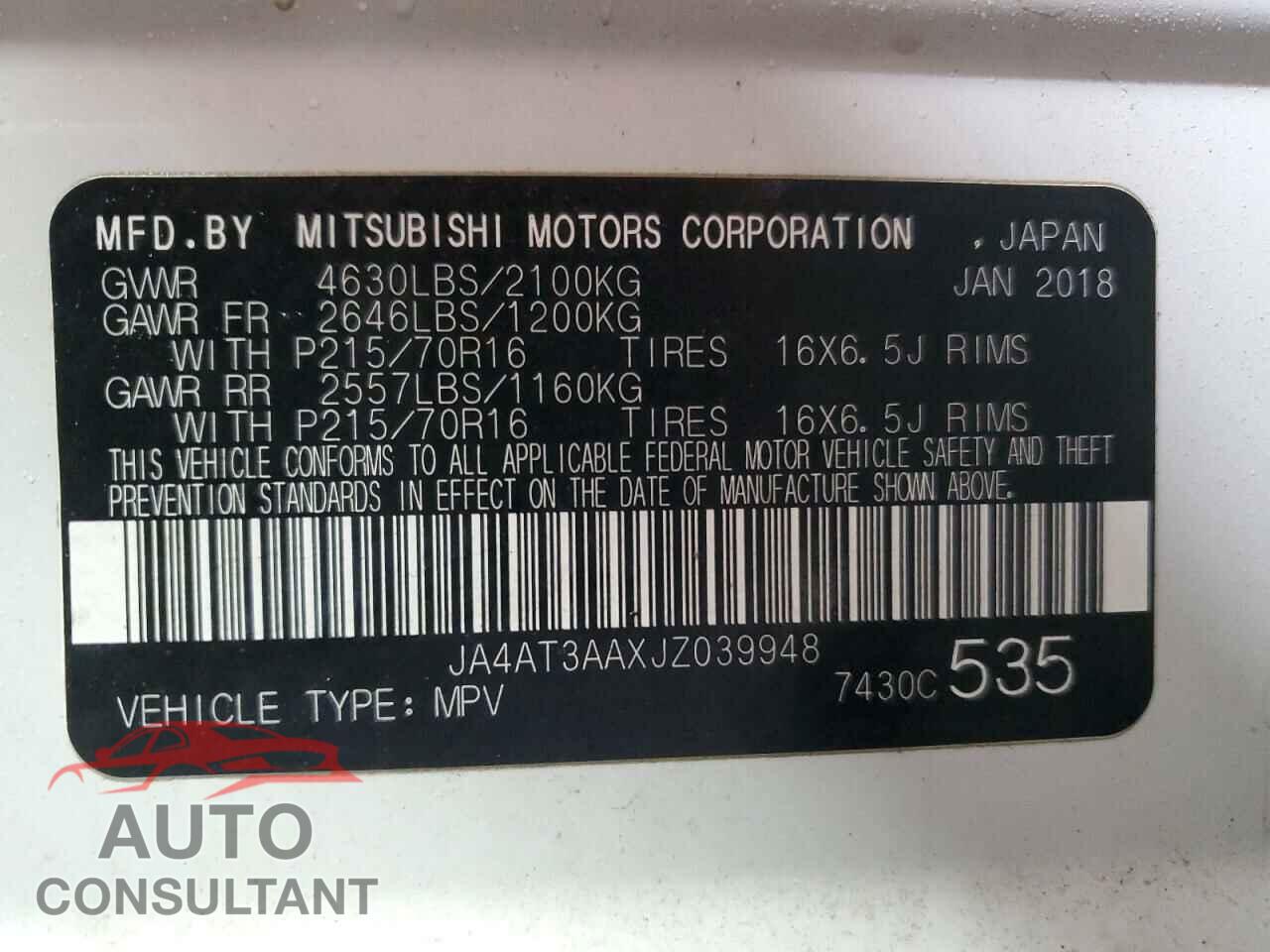 MITSUBISHI ECLIPSE 2018 - JA4AT3AAXJZ039948