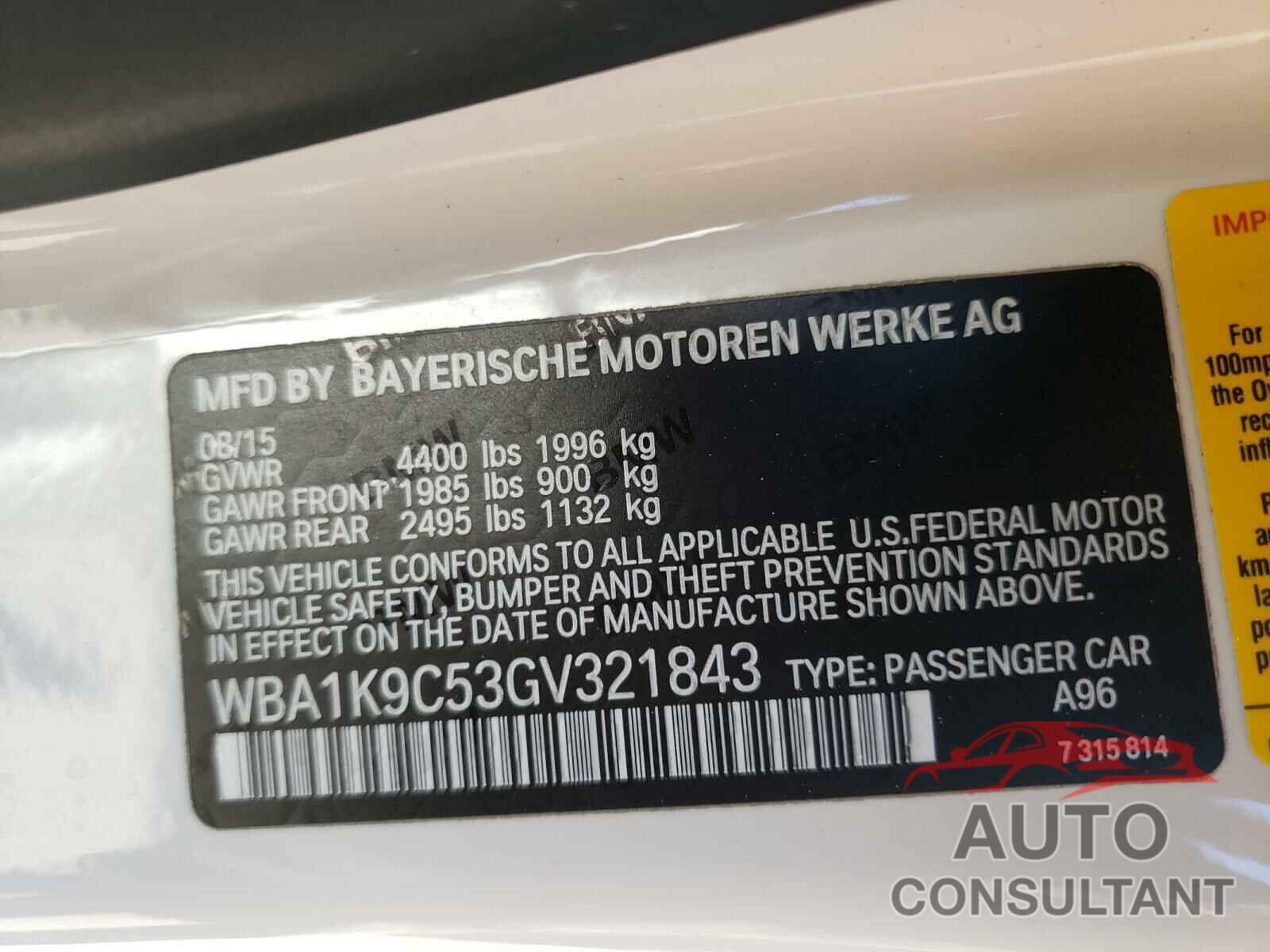BMW 2 SERIES 2016 - WBA1K9C53GV321843