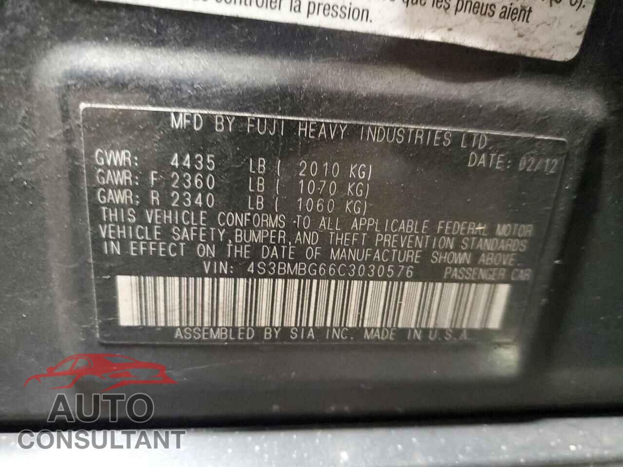 SUBARU LEGACY 2012 - 4S3BMBG66C3030576