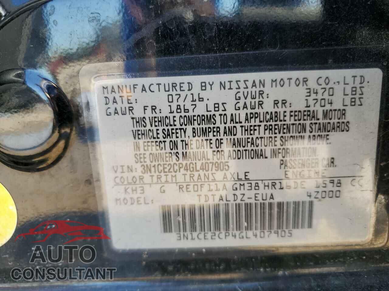 NISSAN VERSA 2016 - 3N1CE2CP4GL407905