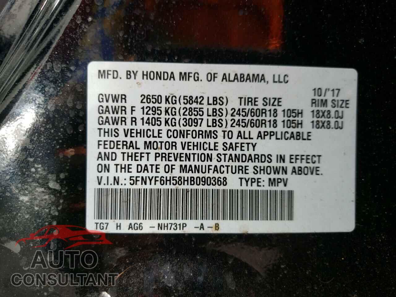 HONDA PILOT 2017 - 5FNYF6H58HB090368