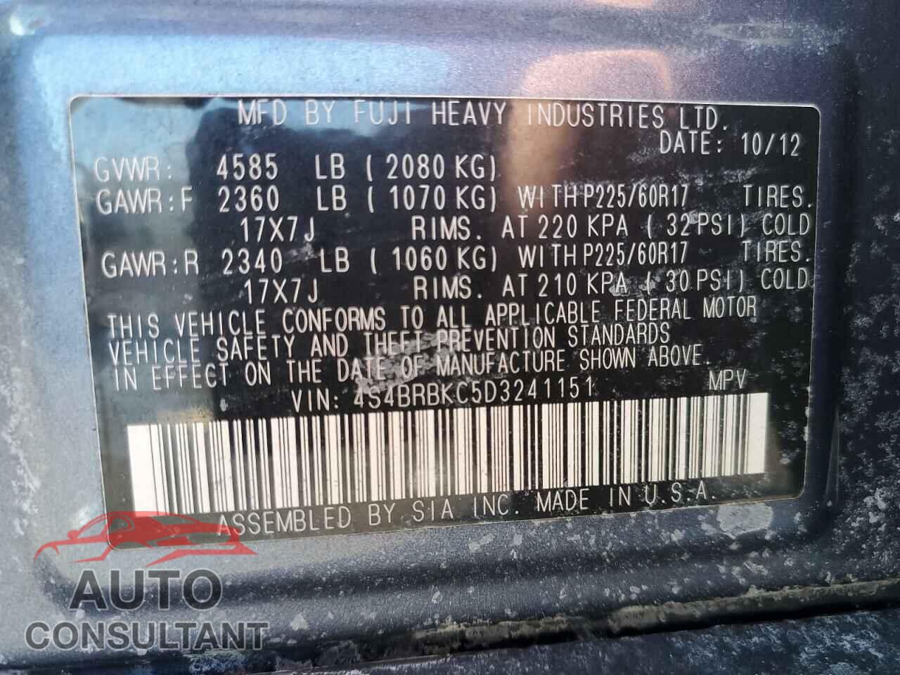 SUBARU OUTBACK 2013 - 4S4BRBKC5D3241151