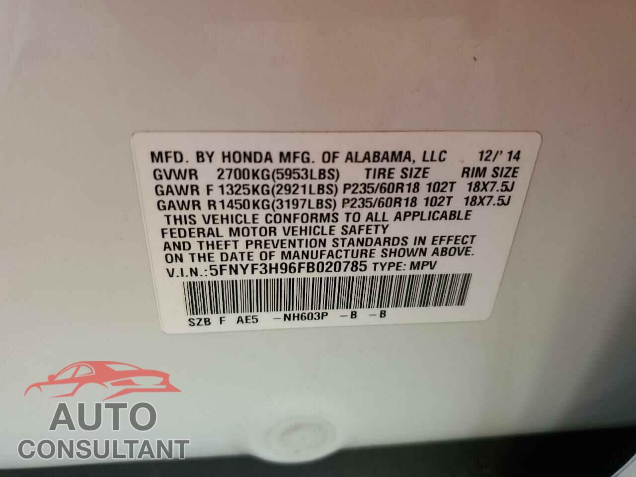 HONDA PILOT 2015 - 5FNYF3H96FB020785