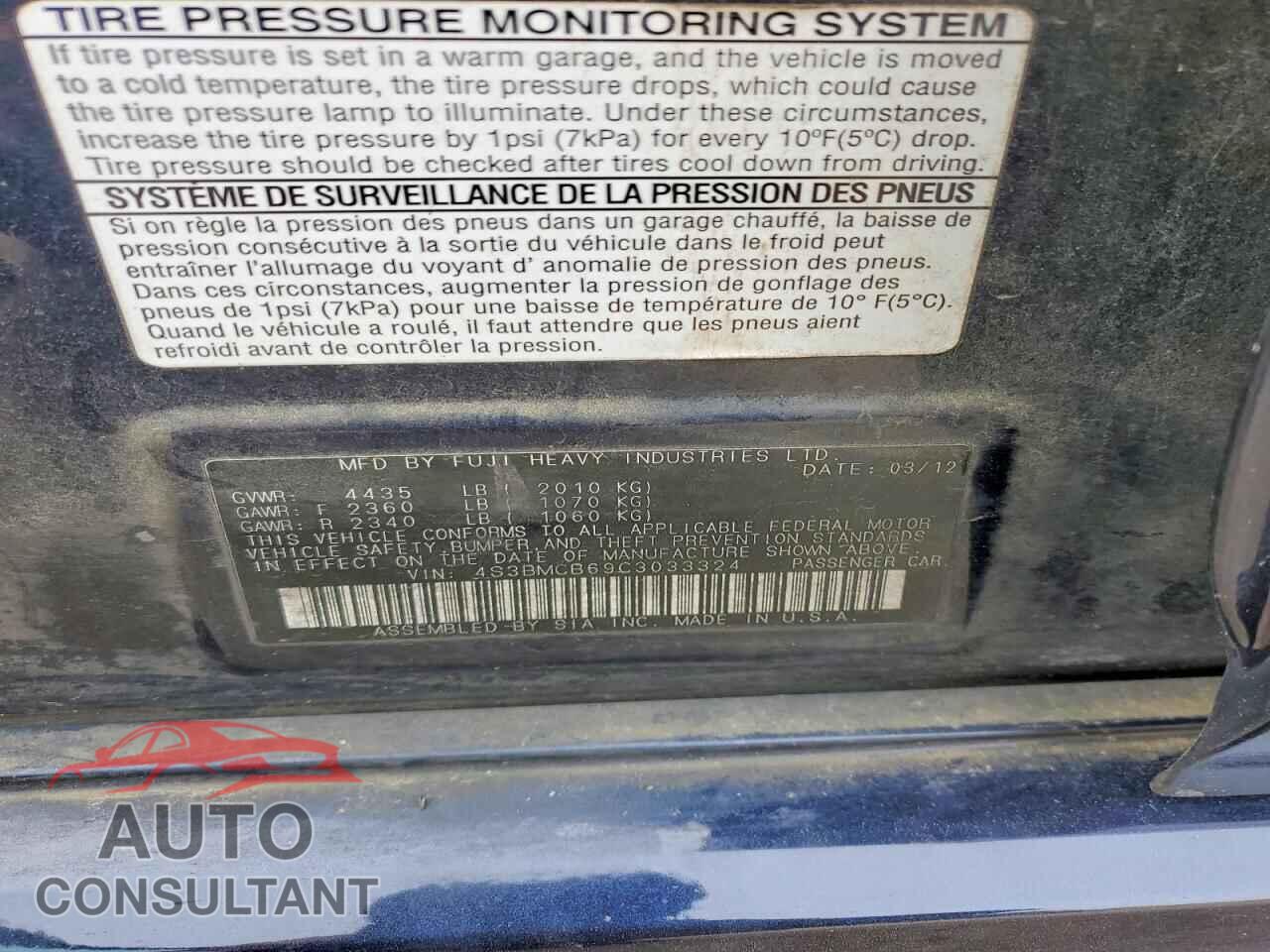 SUBARU LEGACY 2012 - 4S3BMCB69C3033324