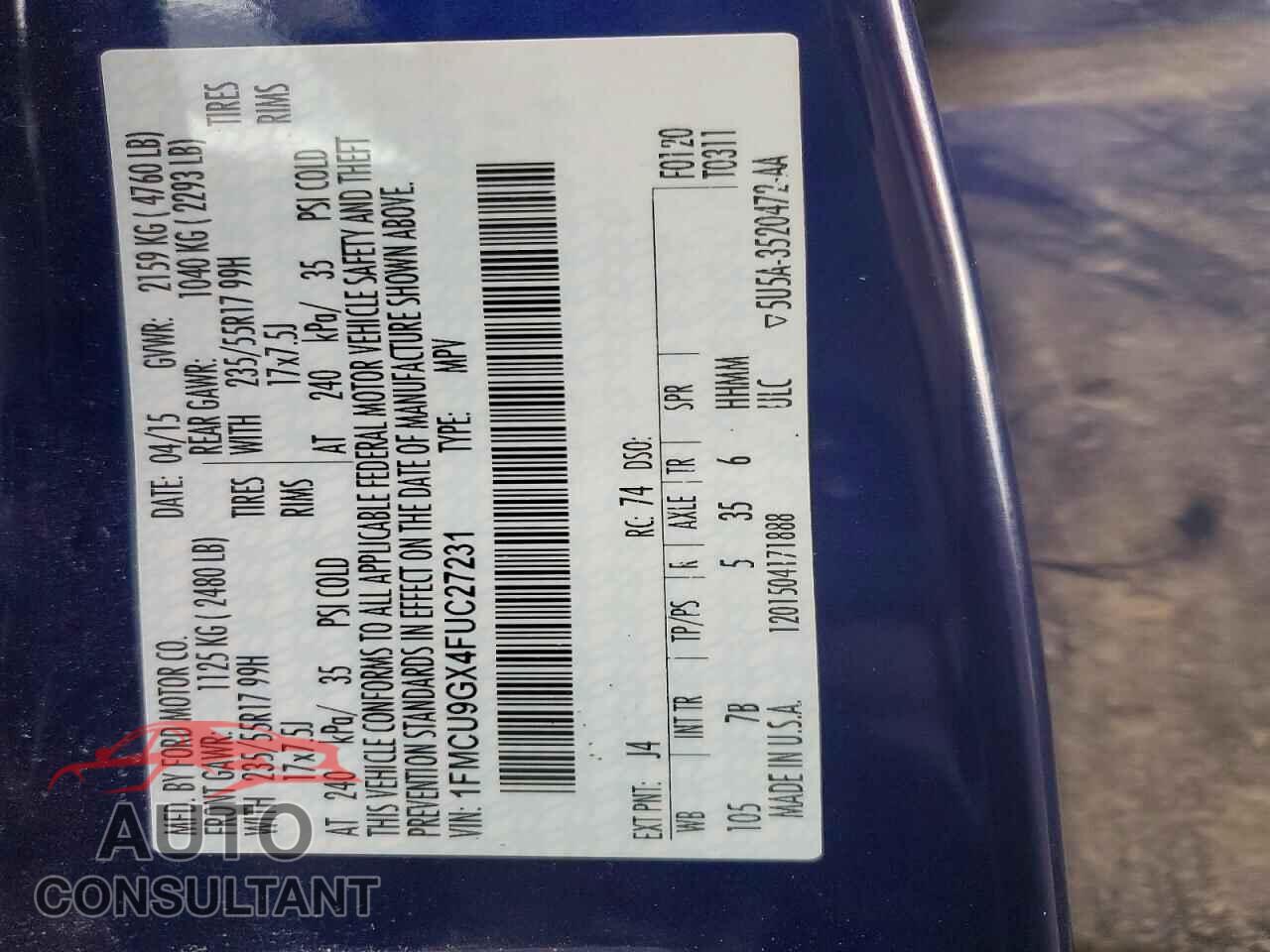 FORD ESCAPE 2015 - 1FMCU9GX4FUC27231