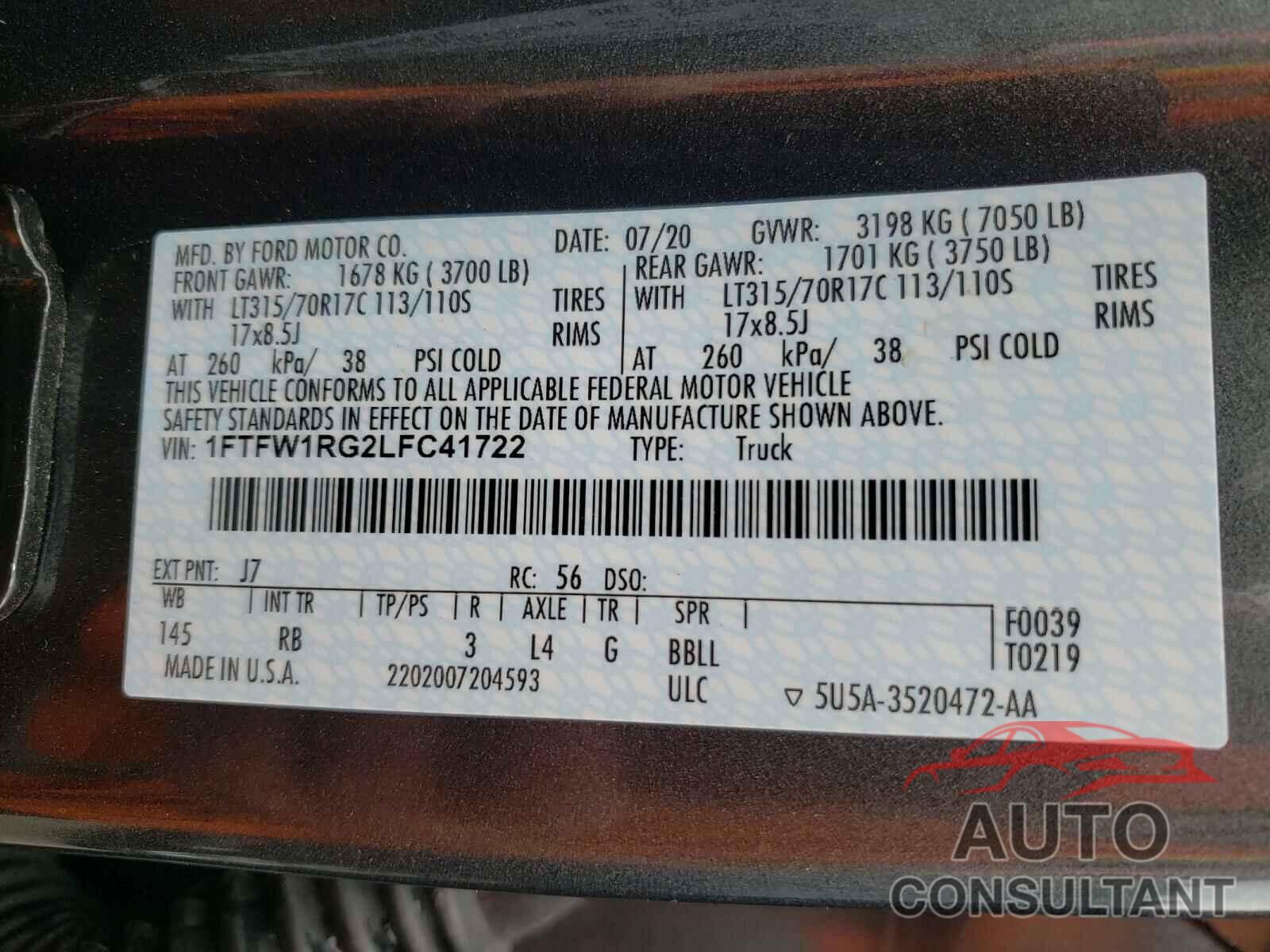 FORD F150 SVT 2020 - 1FTFW1RG2LFC41722