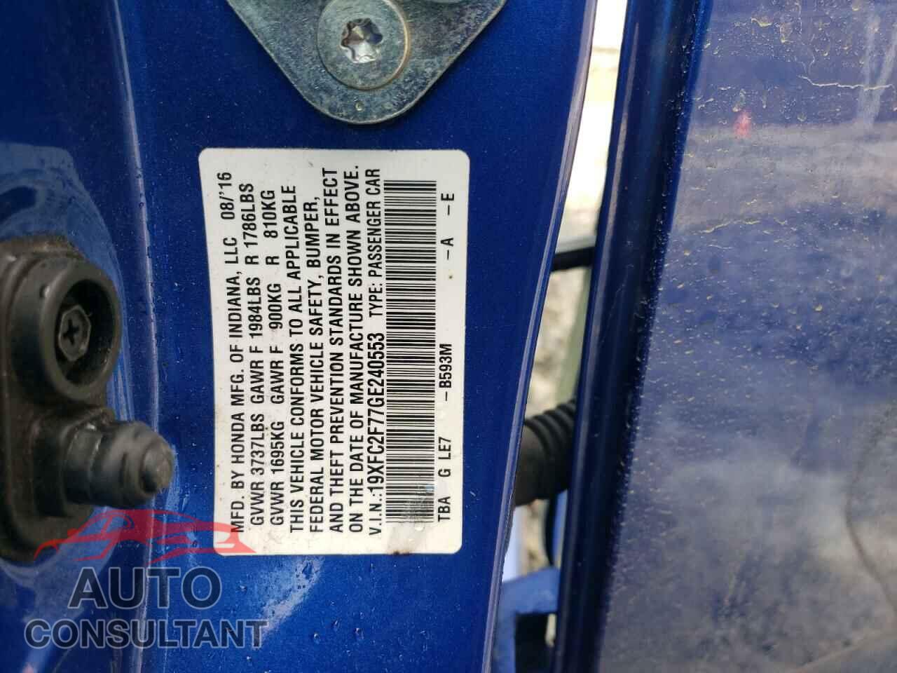 HONDA CIVIC 2016 - 19XFC2F77GE240553