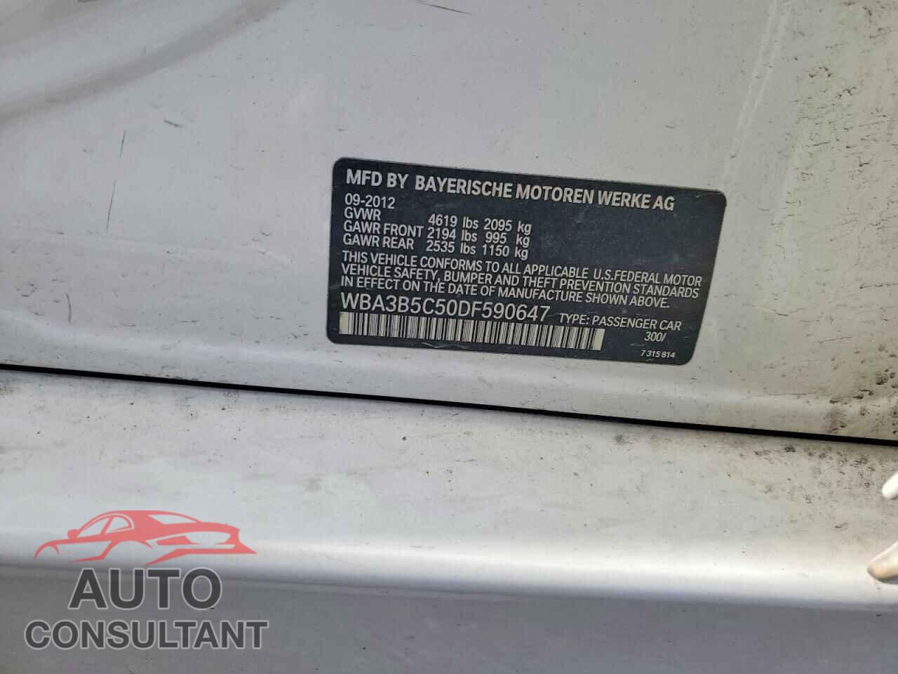 BMW 3 SERIES 2013 - WBA3B5C50DF590647