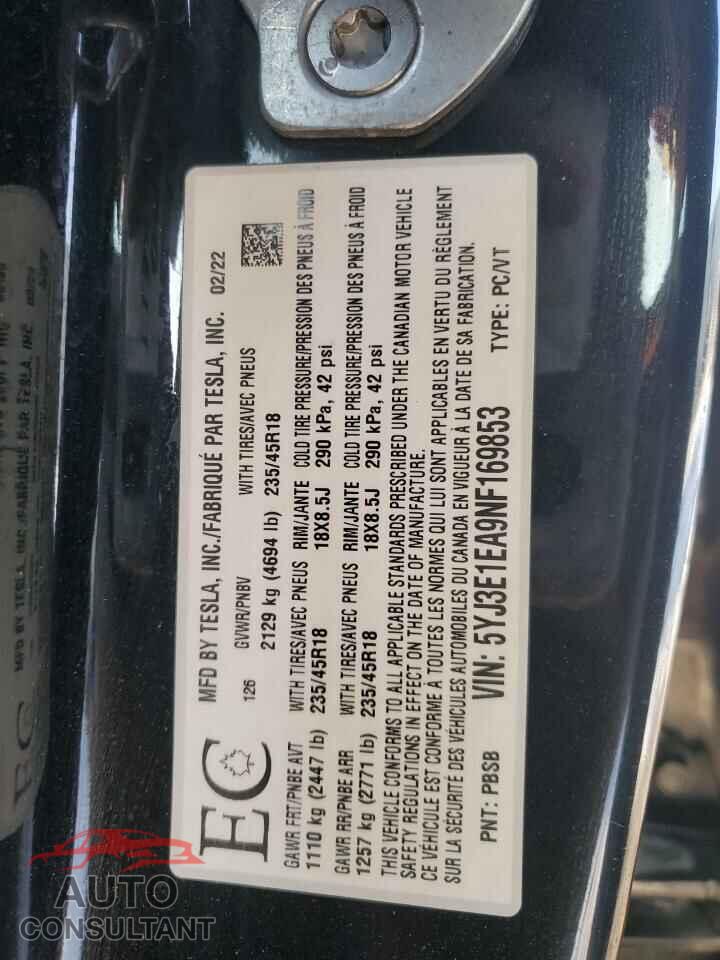 TESLA MODEL 3 2022 - 5YJ3E1EA9NF169853