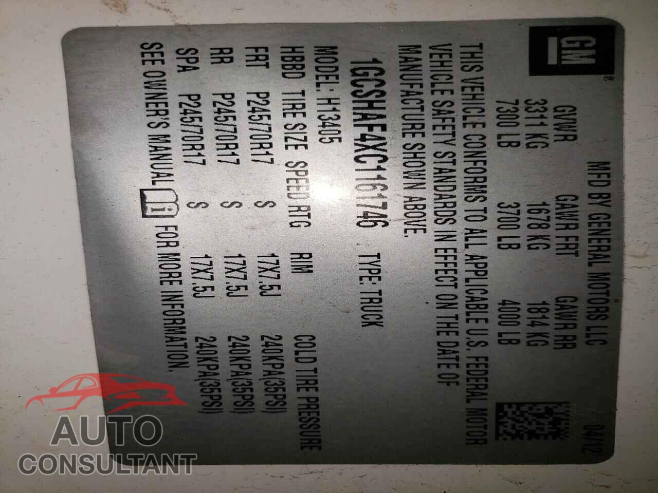 CHEVROLET EXPRESS 2012 - 1GCSHAF4XC1161746