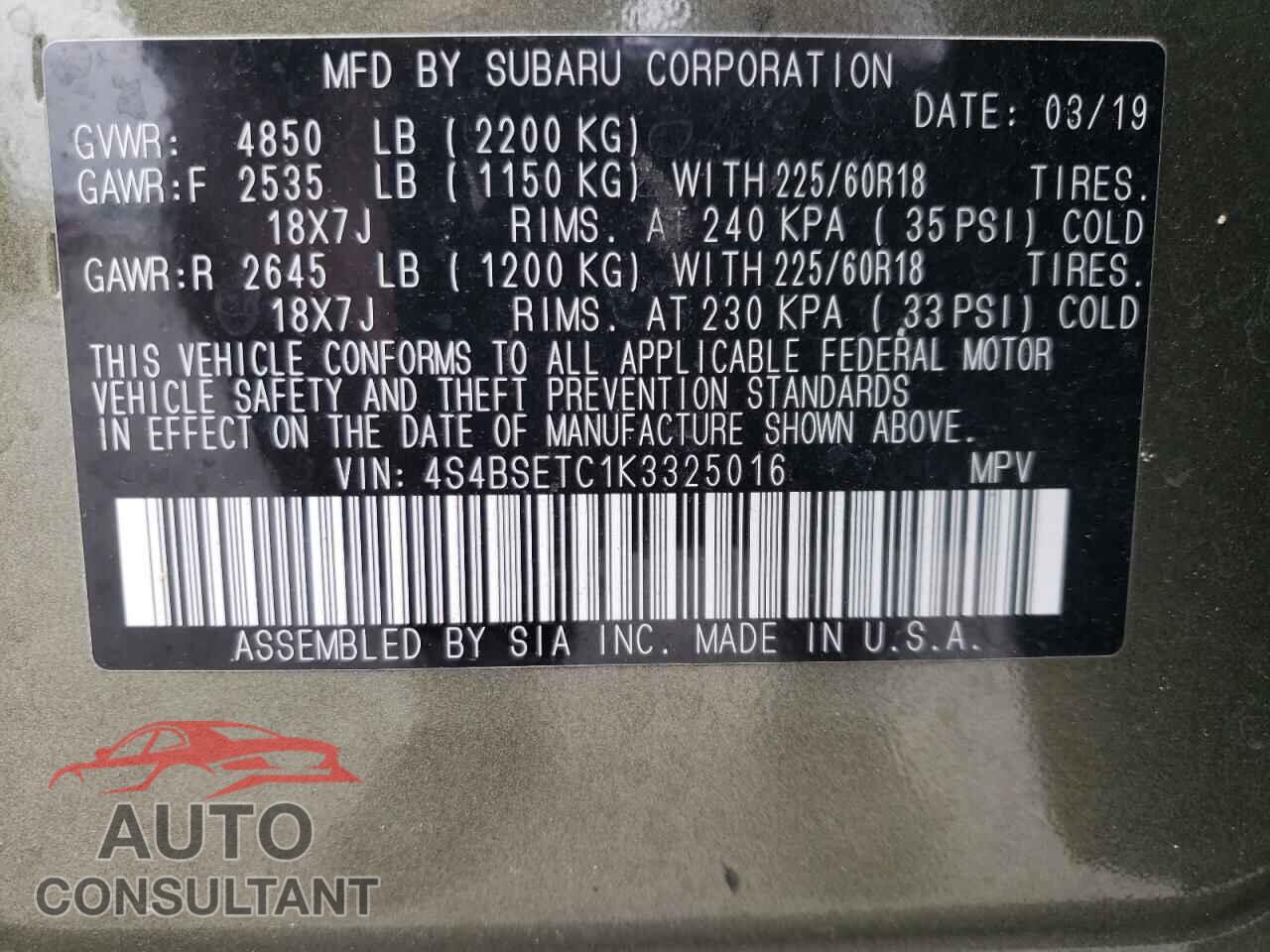 SUBARU OUTBACK 2019 - 4S4BSETC1K3325016