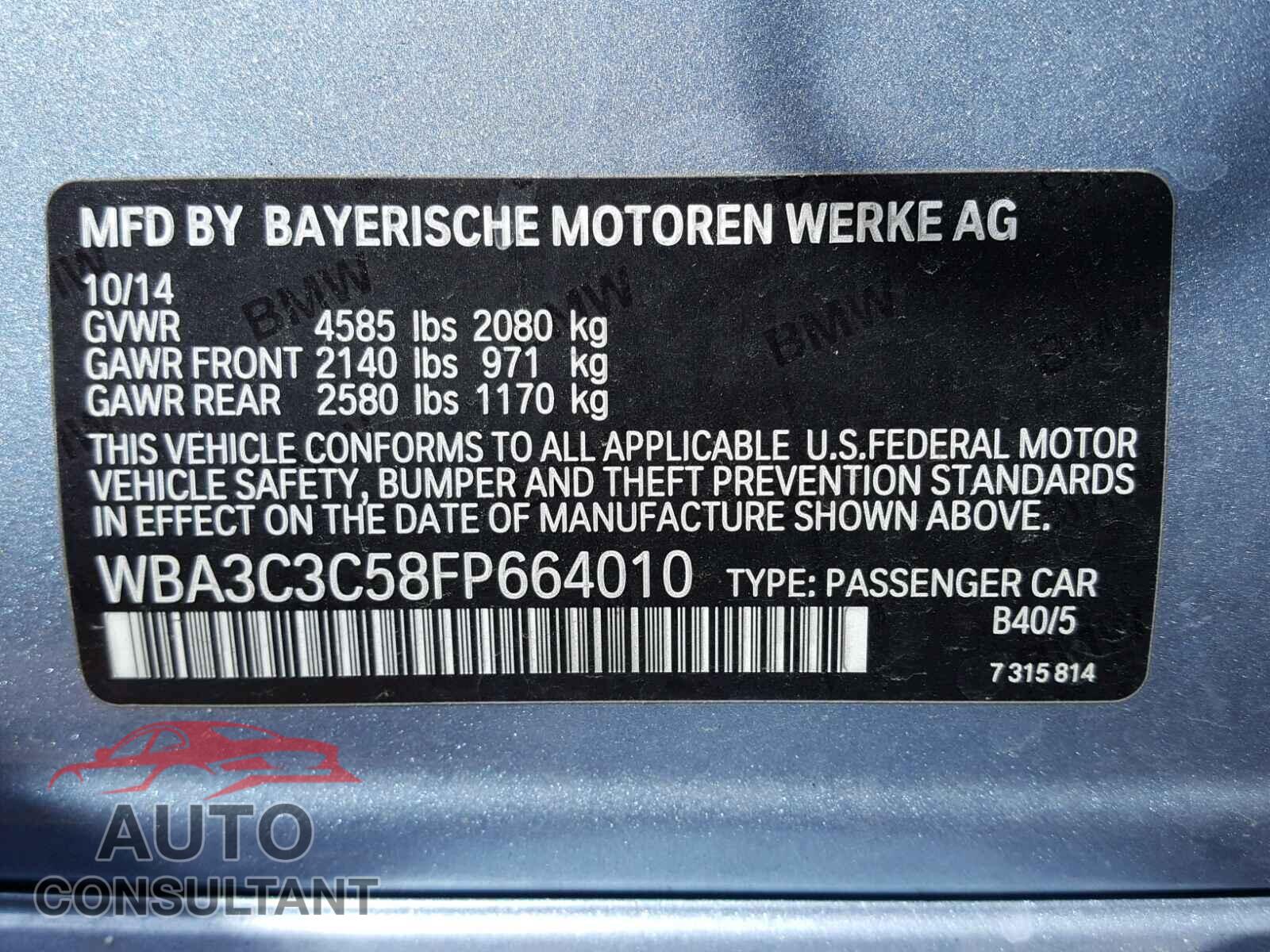 BMW 3 SERIES 2015 - WBA3C3C58FP664010