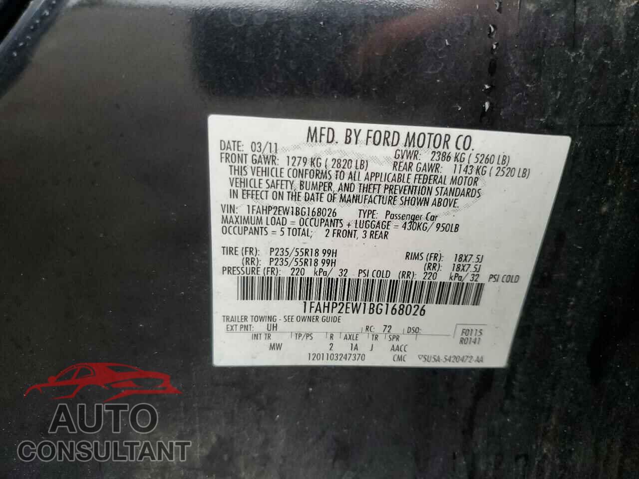 FORD TAURUS 2011 - 1FAHP2EW1BG168026
