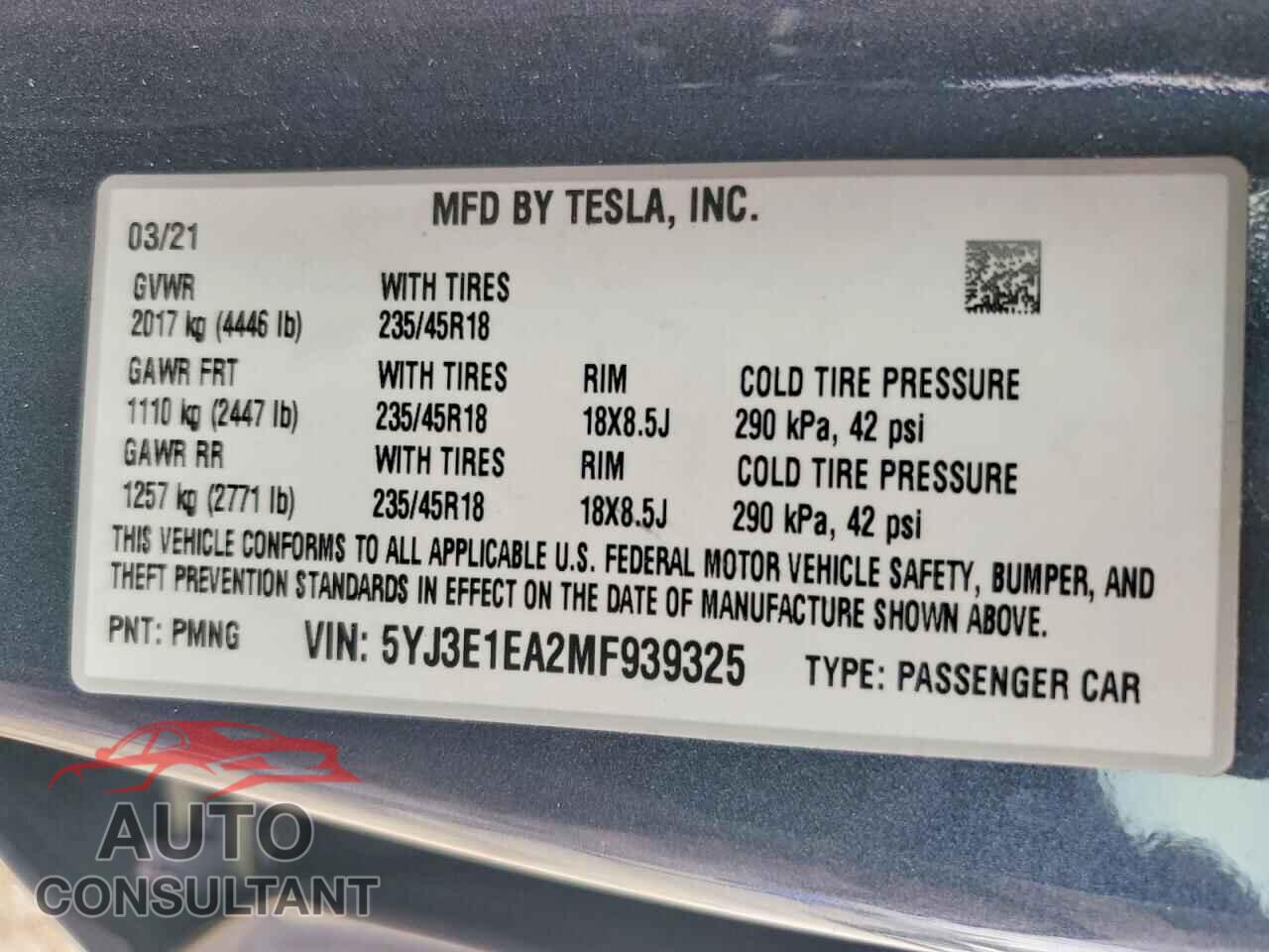 TESLA MODEL 3 2021 - 5YJ3E1EA2MF939325