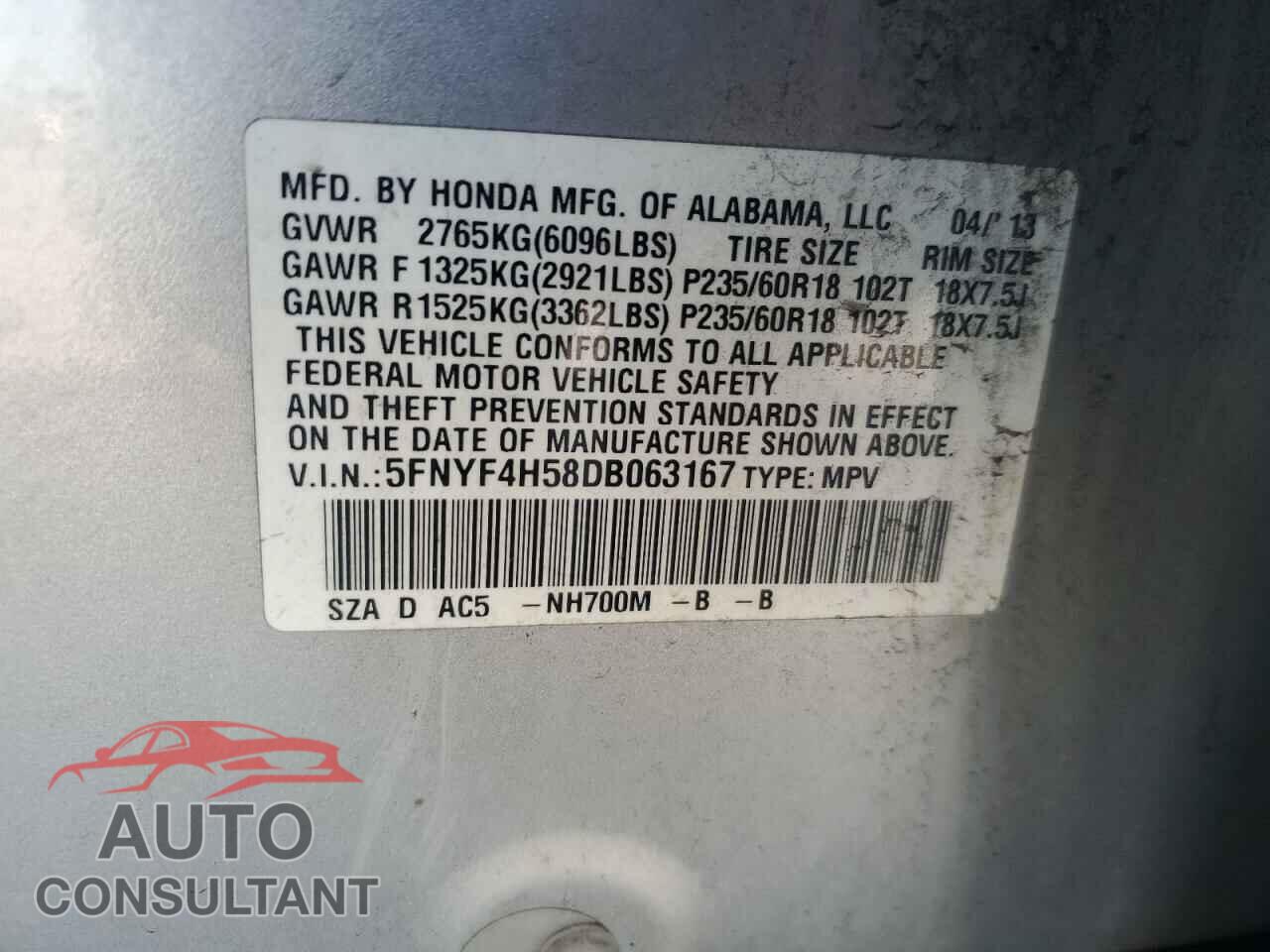 HONDA PILOT 2013 - 5FNYF4H58DB063167