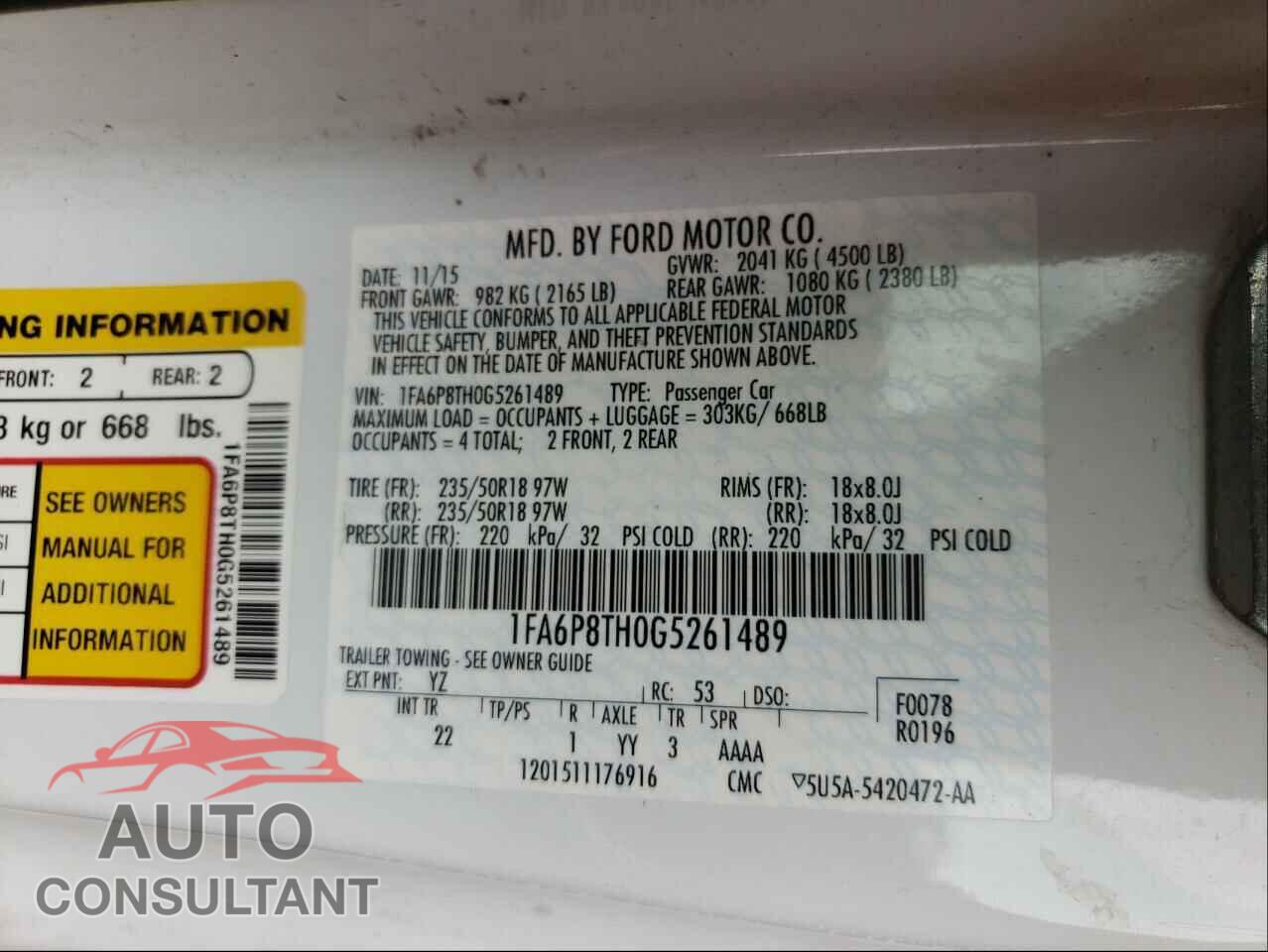 FORD MUSTANG 2016 - 1FA6P8TH0G5261489