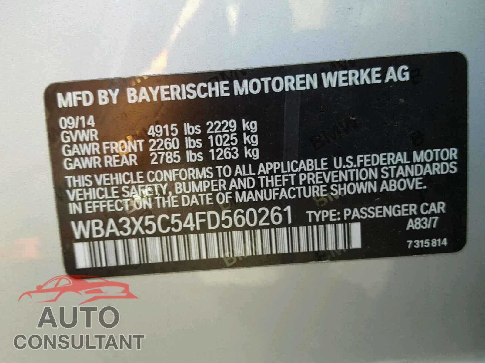 BMW 3 SERIES 2015 - WBA3X5C54FD560261