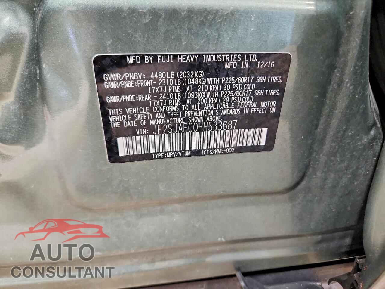 SUBARU FORESTER 2017 - JF2SJAEC0HH533687