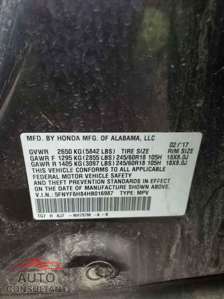 HONDA PILOT 2017 - 5FNYF6H84HB016987