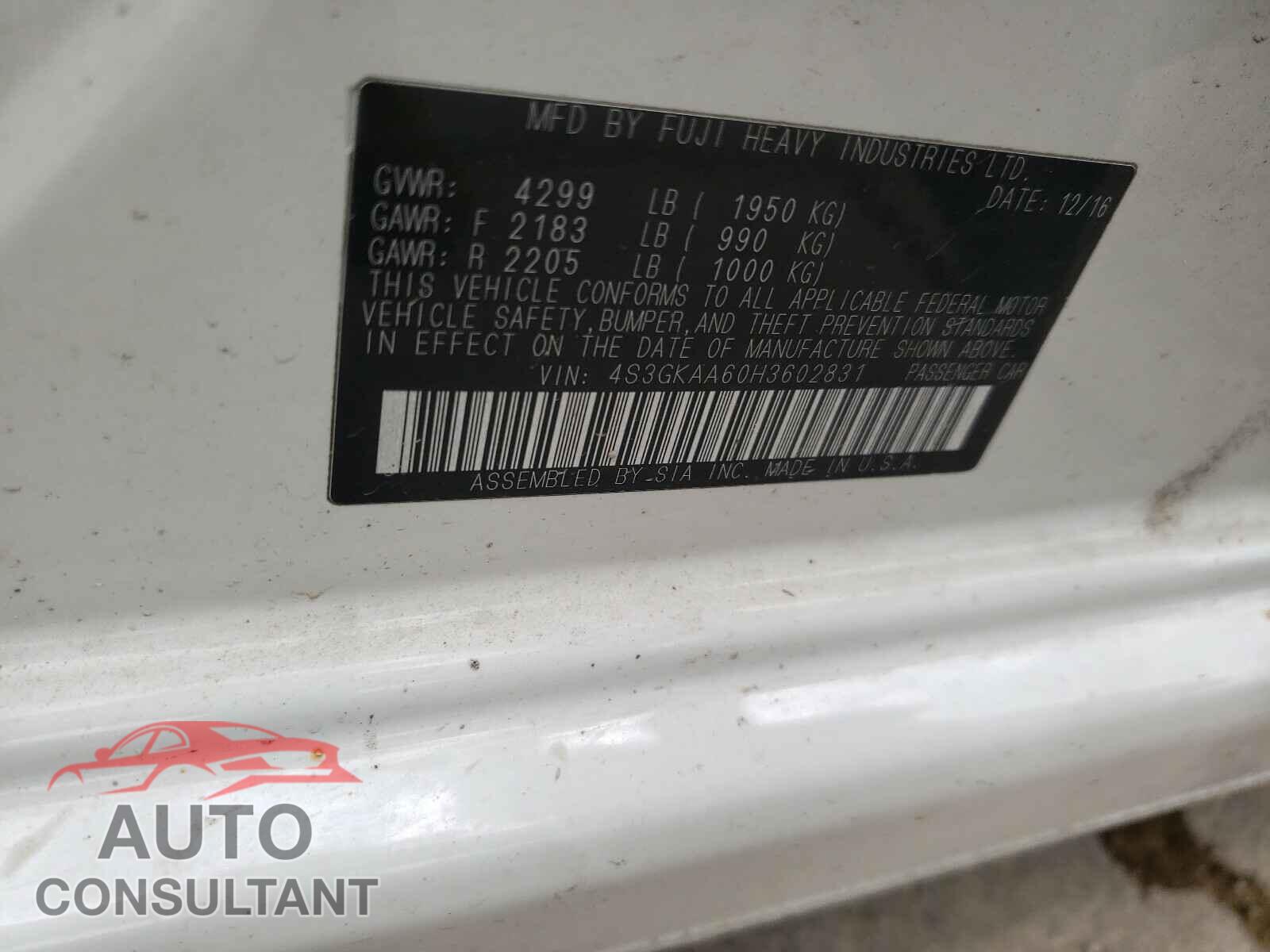 SUBARU IMPREZA 2017 - 4S3GKAA60H3602831