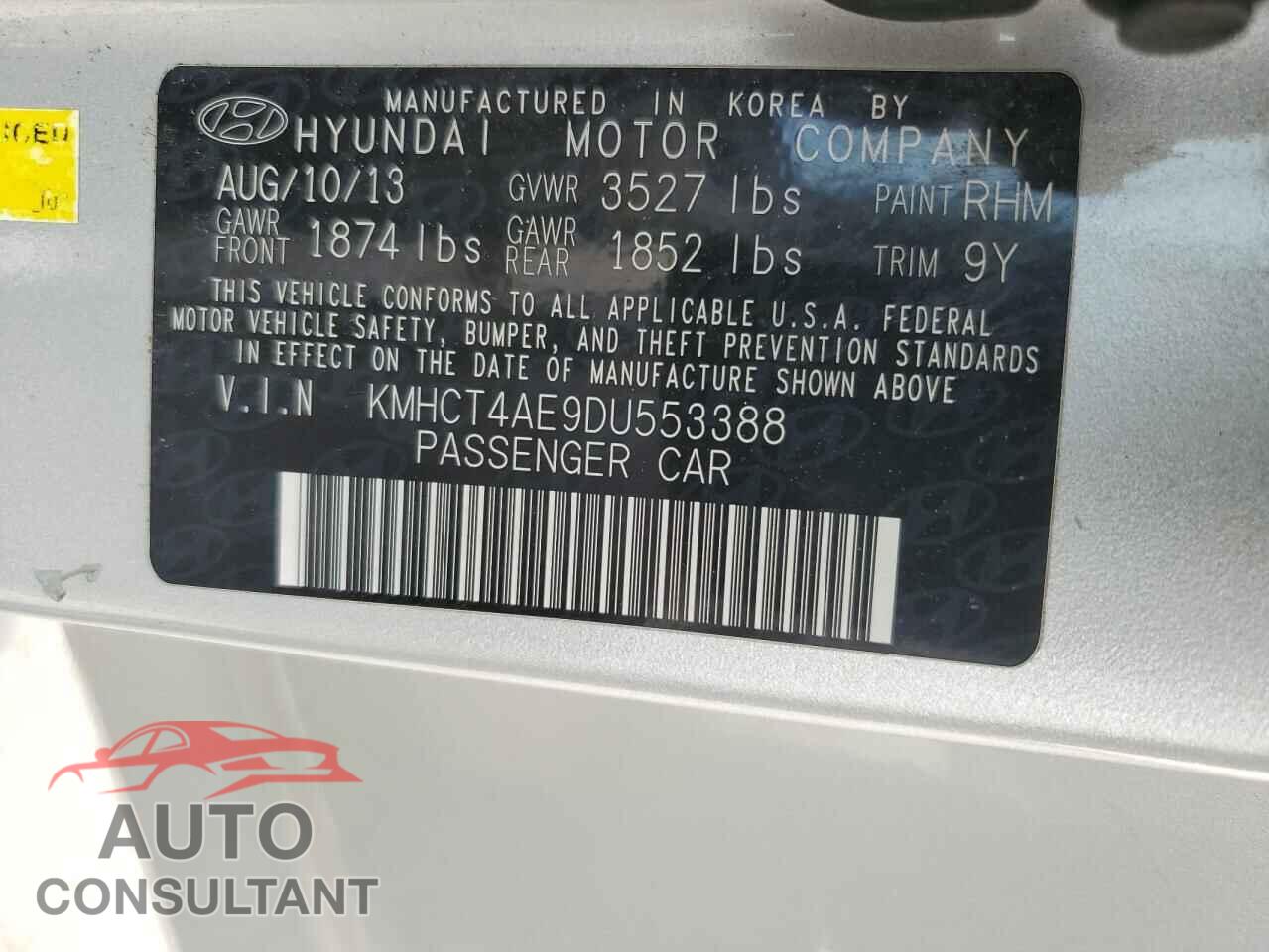 HYUNDAI ACCENT 2013 - KMHCT4AE9DU553388