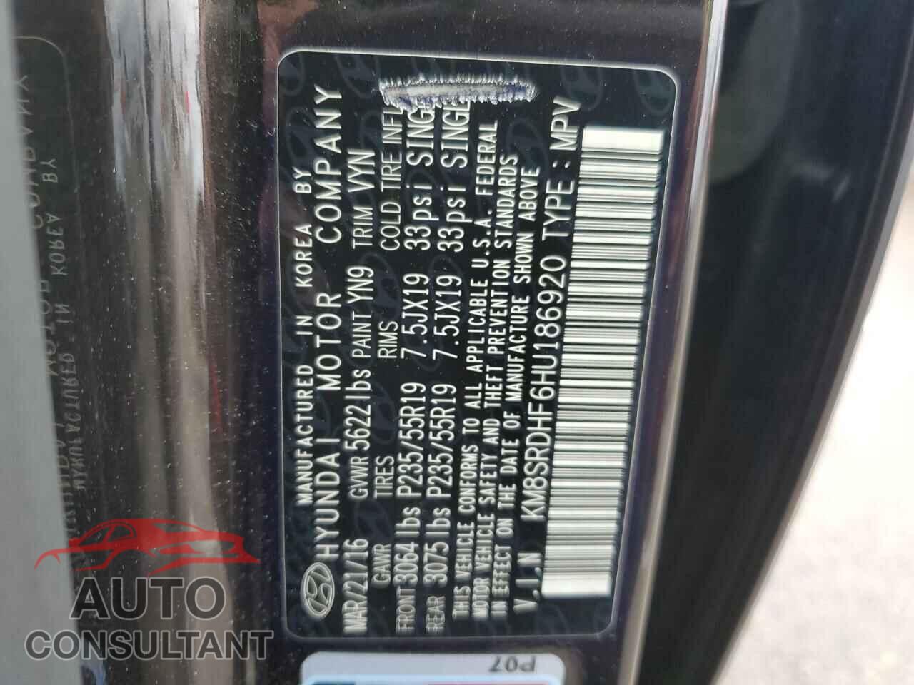HYUNDAI SANTA FE 2017 - KM8SRDHF6HU186920