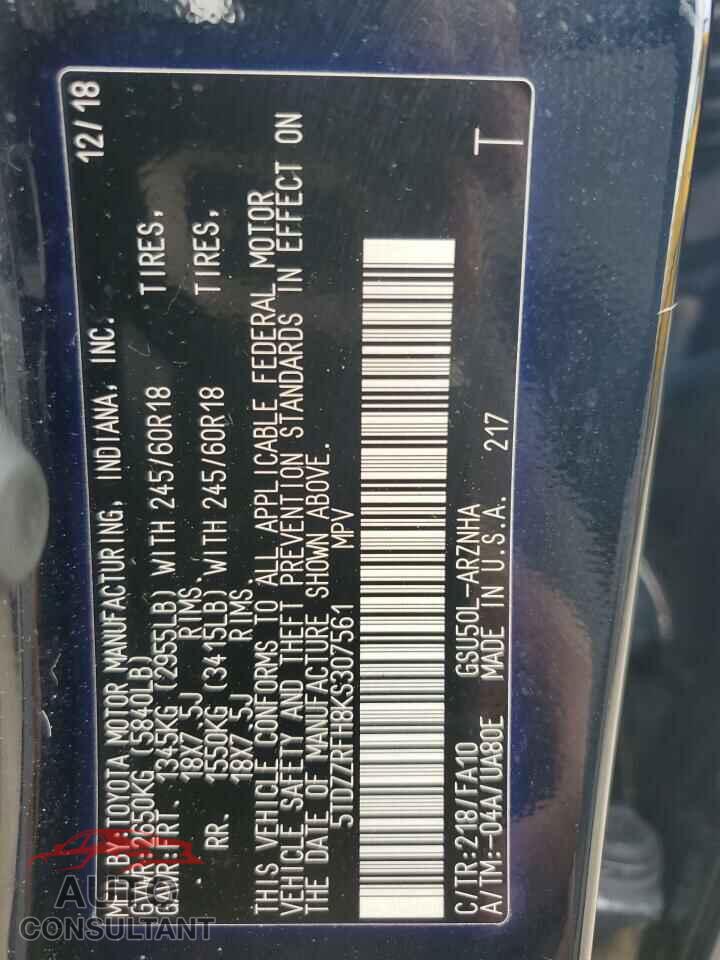 TOYOTA HIGHLANDER 2019 - 5TDZZRFH8KS307561