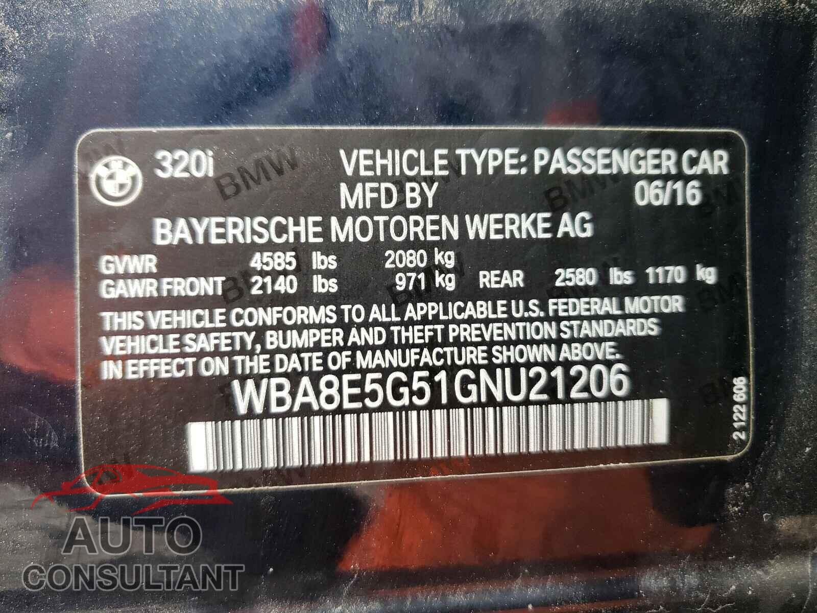 BMW 3 SERIES 2016 - WBA8E5G51GNU21206