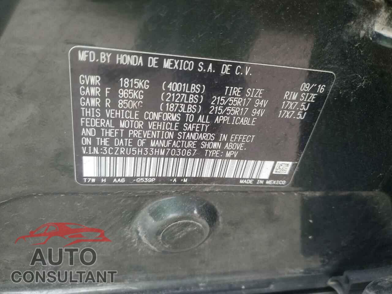 HONDA HR-V 2017 - 3CZRU5H33HM703067